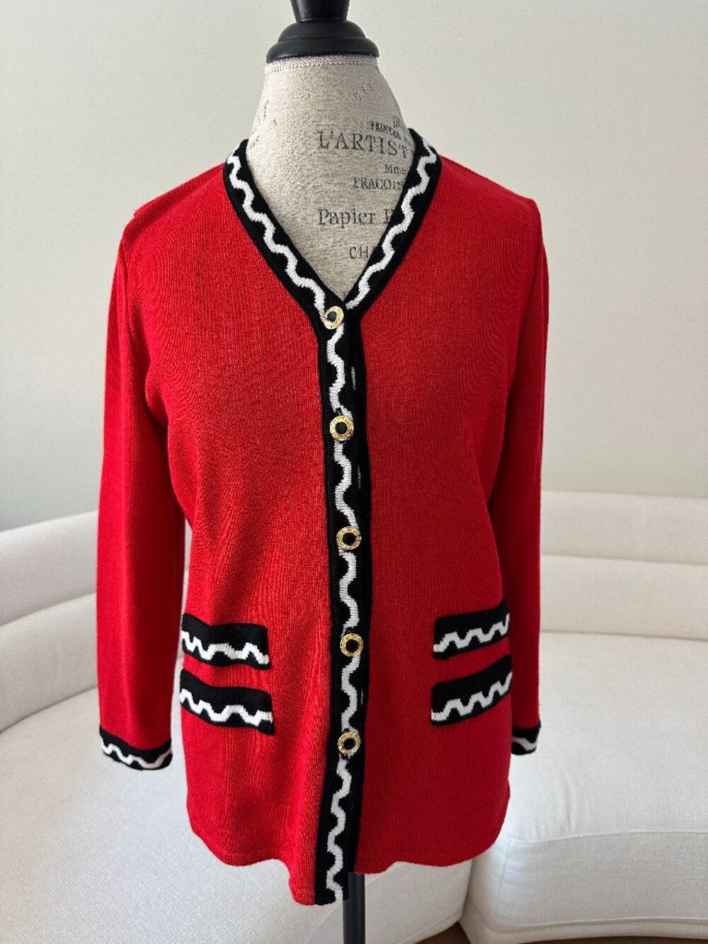 Vintage 90s Epic Steven Cardigan Womens 6 Red Black White Gold Buttons USA